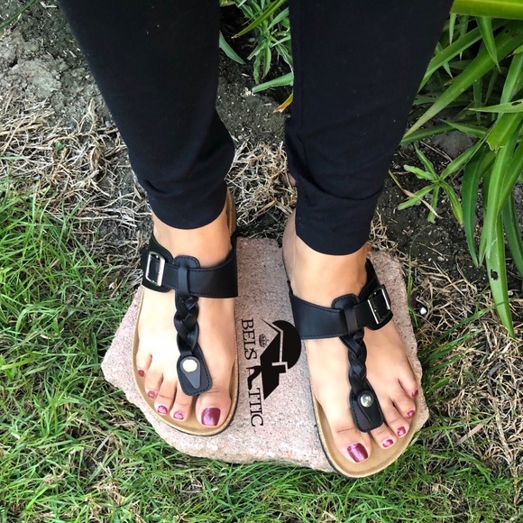 Vegan Leather Black Braided Thong Slides sandals - Picture 4 of 6